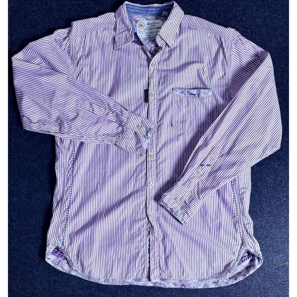 Robert Graham Mens Large Purple White Striped Paisley Trim Button Down Shirt